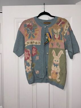 Vintage Pastel Bunny Patchwork Cardigan Sweater - Blue/Pink